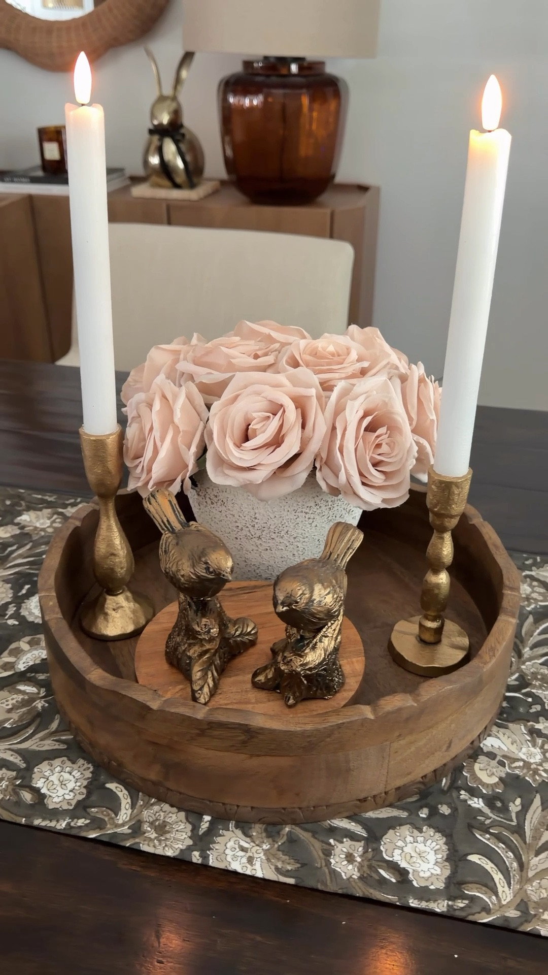 This is the most beautiful tray for smaller tray styling. So many of you have asked for smaller trays. I promise you will love this one. I added in roses, candlestick, and two beautiful little bird complete the look.