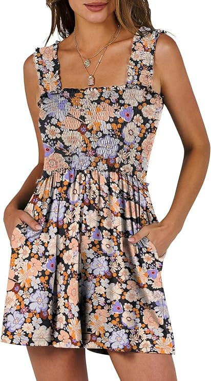 Caracilia Women's Summer Casual Smocked Rompers Square Neck Sleeveless Loose Shorts Jumpsuit 2026... | Amazon (US)