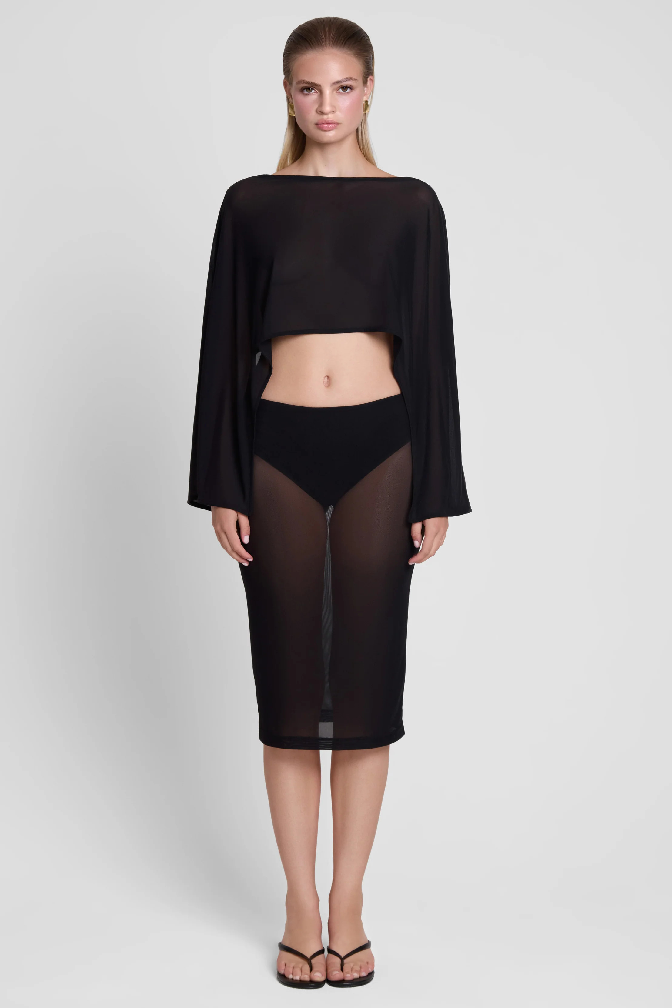 Vesper Sheer Mesh Knee Length Skirt - Black | LEAU (US)