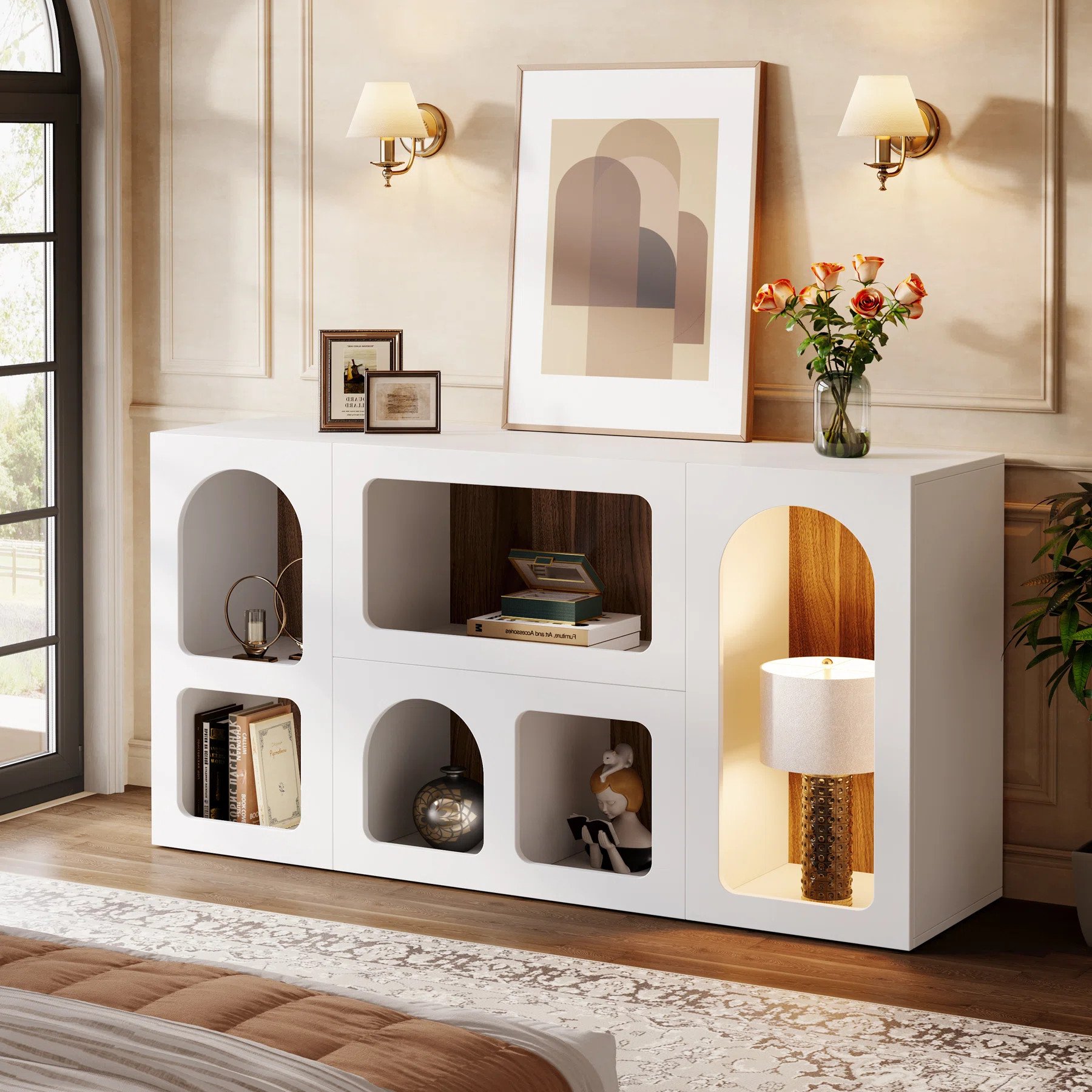 59" White Console Table, Modern Entryway Table with 6 Cube Storage Organizer | Wayfair North America