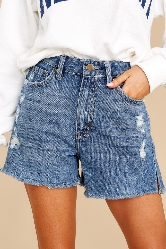 Settling Goals Medium Wash Distressed Denim Shorts | Red Dress 