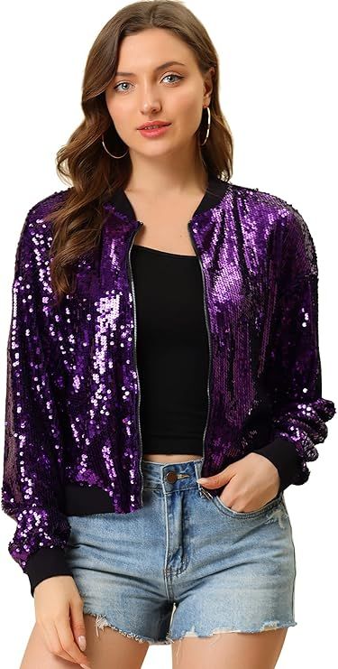 Allegra K Women's Halloween Sequin Sparkle Long Sleeve Zipper Bomber Jacket | Amazon (US)