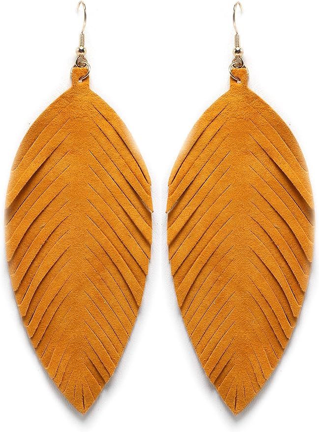 Miracle Collection Large Genuine Soft Leather Handmade Fringe Feather Lightweight Tear Drop Dangl... | Amazon (US)