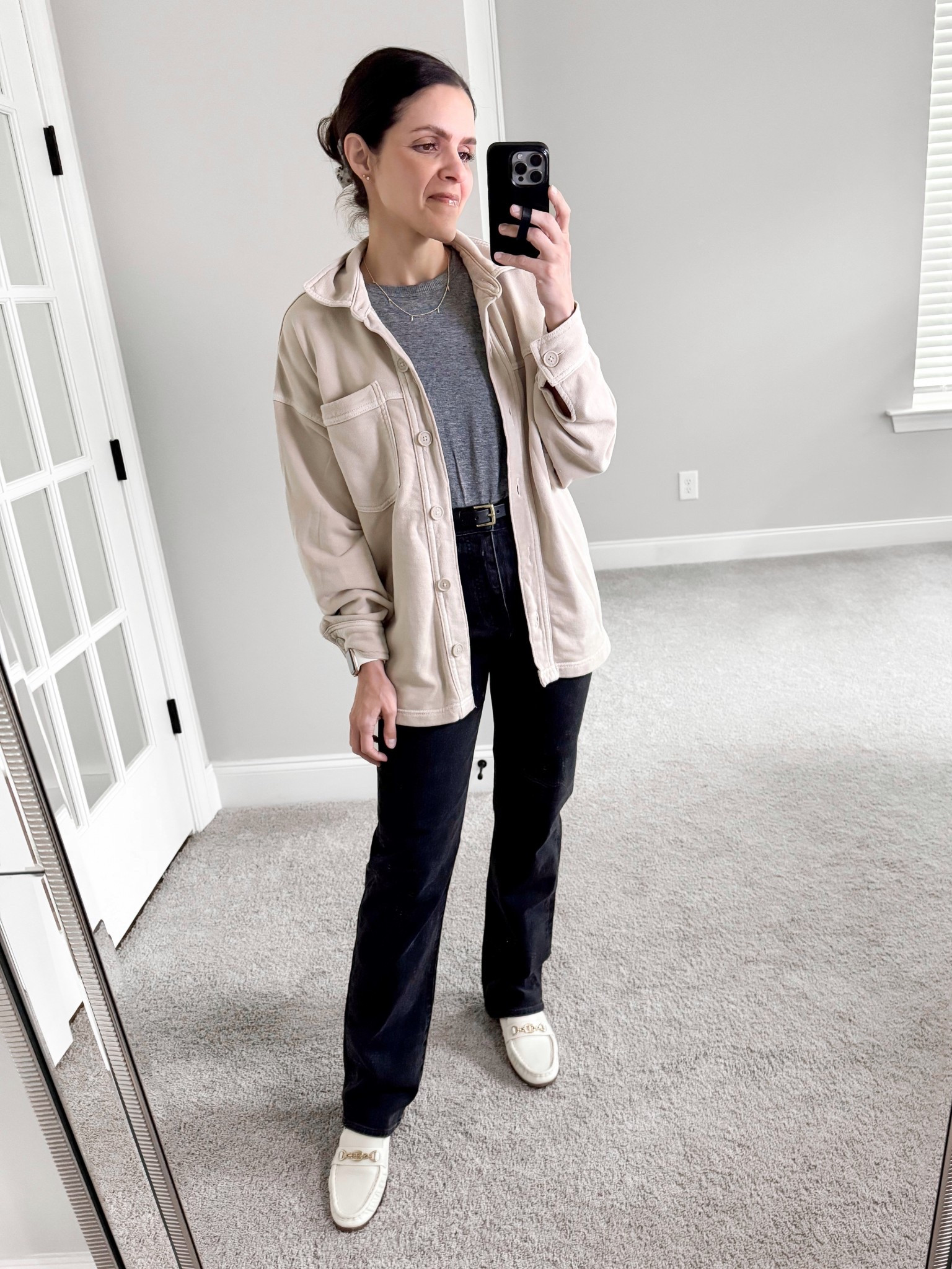 What I wore: 
gray tee: Madewell, xs
90s straight Jean: Madewell, tts 
loafer: Sam Edelman, tts 
button cardigan: Aerie, linked similar  

#LTKStyleTip