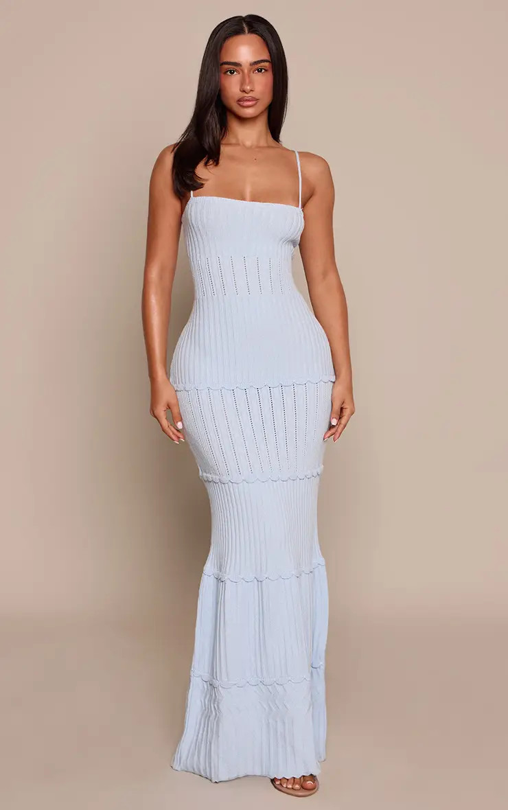 Petite Baby Blue Scalloped Edging Knitted Maxi Dress | PrettyLittleThing US