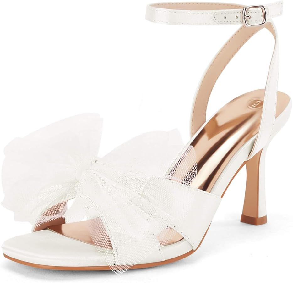 Coutgo Womens Lace Bow Heels Sandals Open Square Toe Stiletto High Heel Ankle Strap Bride Wedding... | Amazon (US)