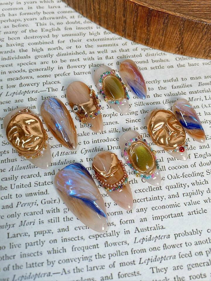 10 Nail Pieces, Almond-Shaped, Pure Handmade, Super Beautiful, High-End Temperament, Sweet And Cool Bohemian Style, Multi-Color Smudged Aurora Cat Eye, Hand-Pinched Three-Dimensional Mask, Gilt Magic Time And Space With Colored Gemstones, Small Gold Beads, Small Pearls And Small Diamond Wearable Nails, Suitable For Girls And Women | SHEIN