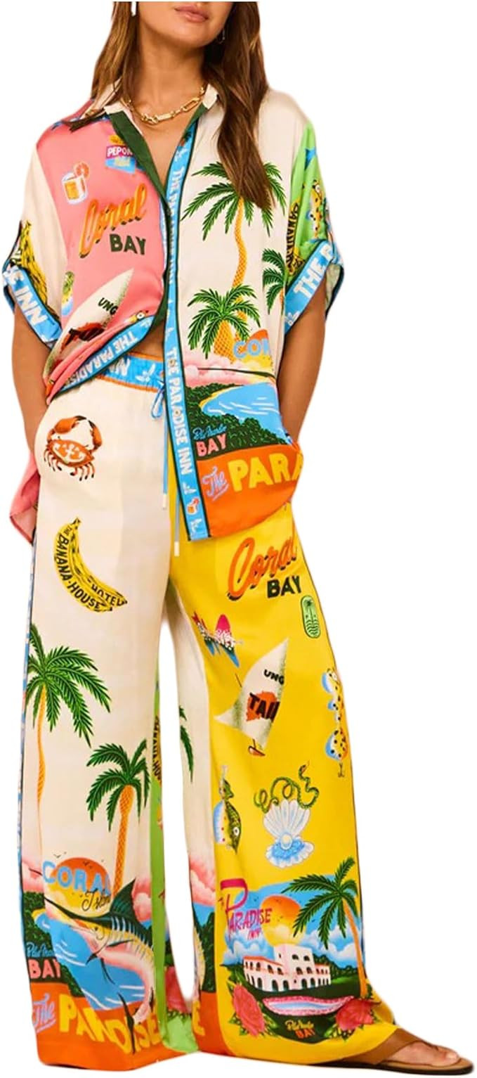 Short Sleeve Set Colorblocking Vacation Casual Tie Rope Printed | Amazon (US)