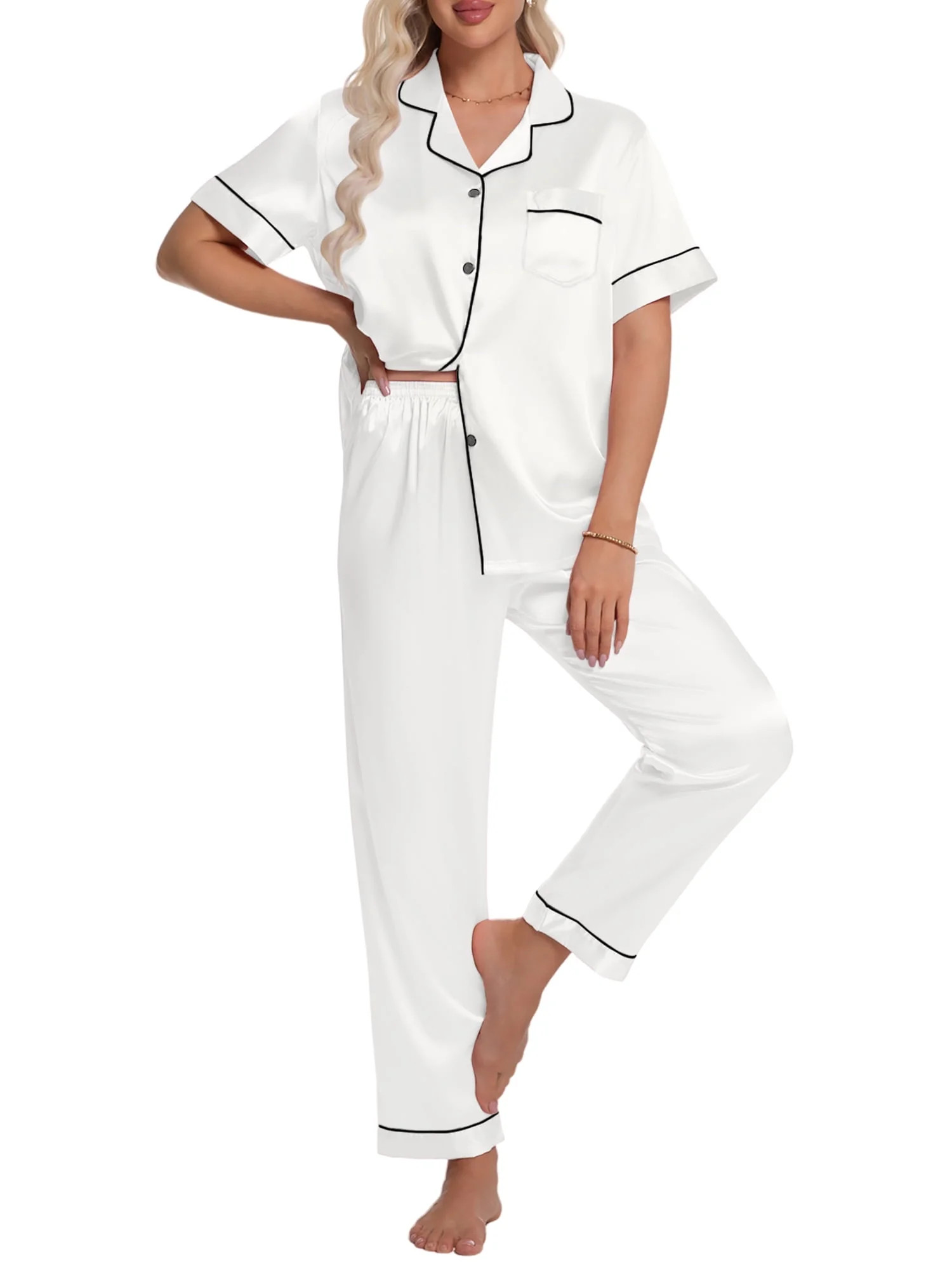 DAKIMOE Silk Satin Pajamas Set for Women Two-Piece Short Sleeve Shirt with Long Pajama Pant Set S... | Walmart (US)