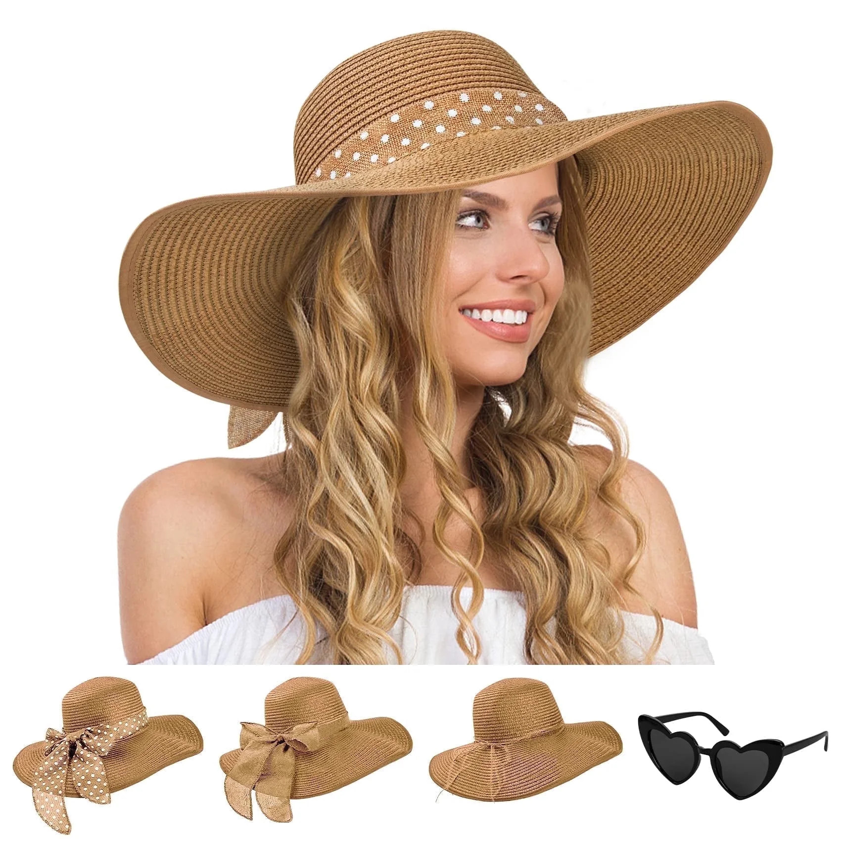 Loritta Straw Hats for Women, Wide Brim Floppy Foldable UPF 50+ Beach Sun Hat with Heart Shape Gl... | Walmart (US)
