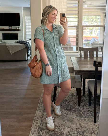 Dress on clearance for under $60. I’m in a Medium Tall. Button up and so nursing friendly. If between go down, I could have worn a small. Comfort and cute = 100%.