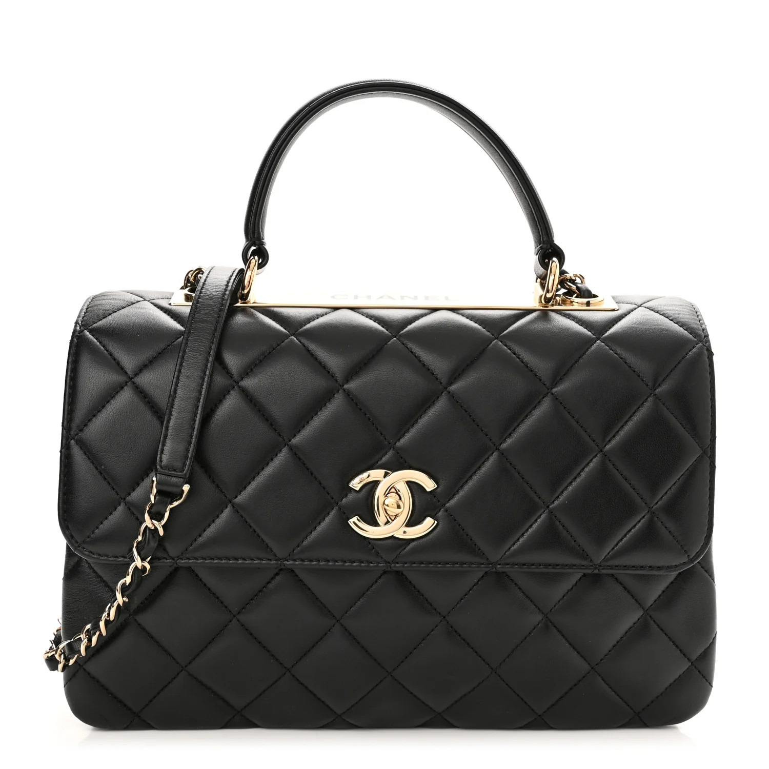 Lambskin Quilted Medium Trendy CC Flap Dual Handle Bag Black | FASHIONPHILE (US)