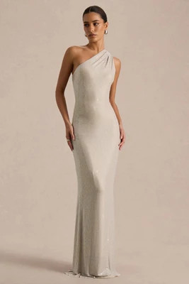 Deity | Silver Hotfix Asymmetric-Neck Maxi Dress With Open-Back | Club L London