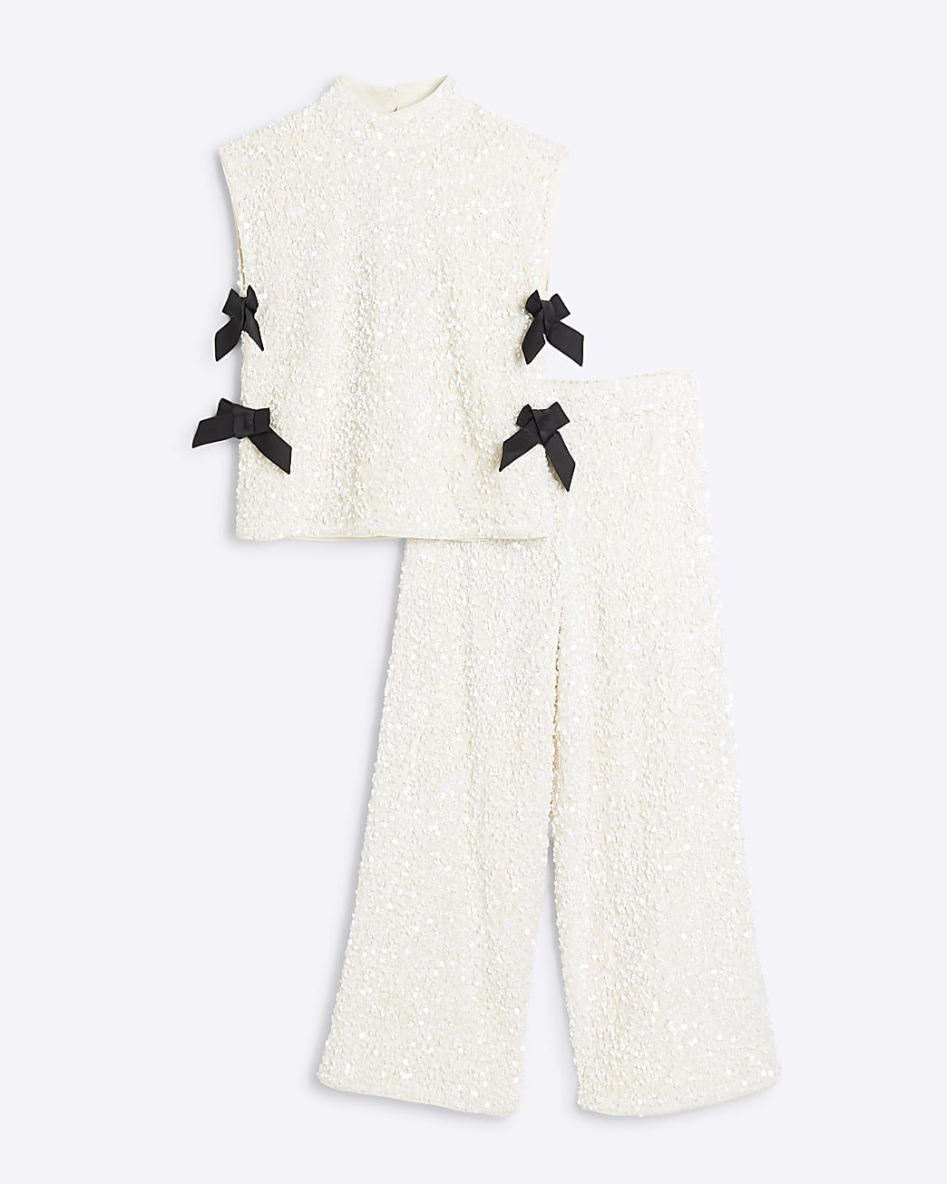 Girls White Sequin Bow Top and Trouser Set | River Island UK & IE
