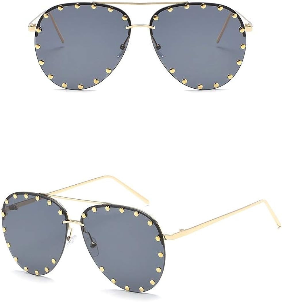 Chezi Unisex Rimless Cut-out Rivet Studded Lens Aviator Sunglasses | Amazon (US)