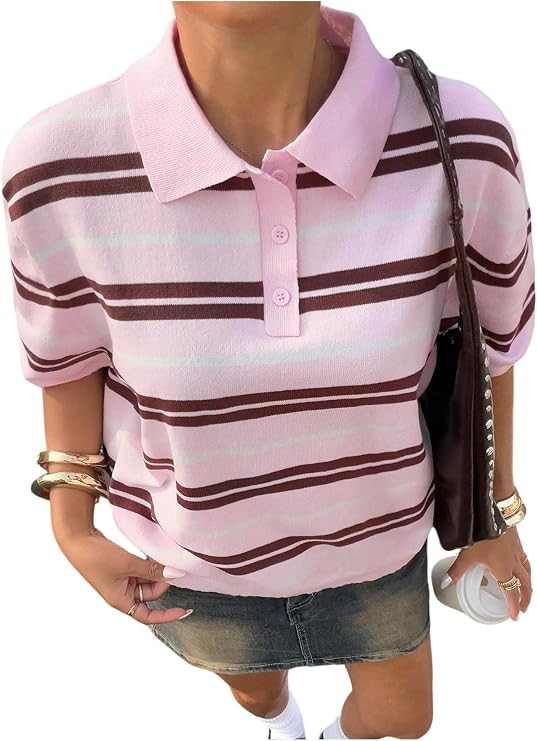 Floerns Women's Y2k Striped Polo T Shirts Short Sleeve Collared Knit Tops | Amazon (US)