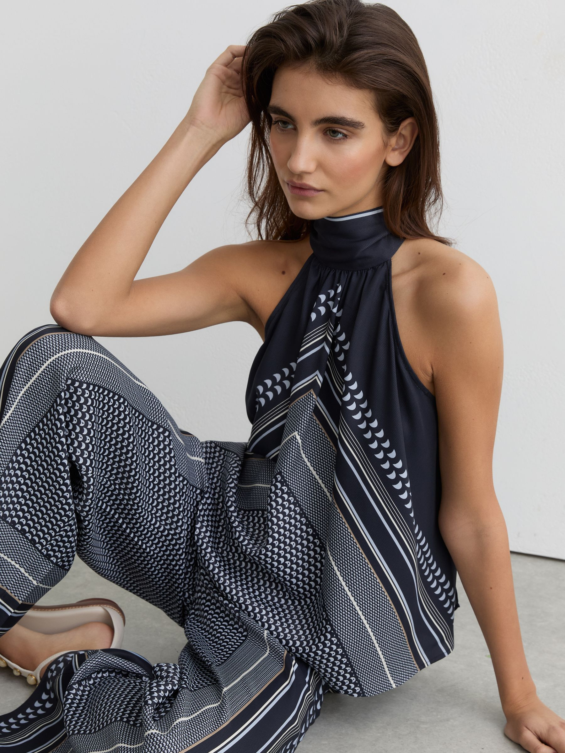 Reiss Scarf-Print Tie-Neck Sleeveless Top in Navy | REISS | Reiss US