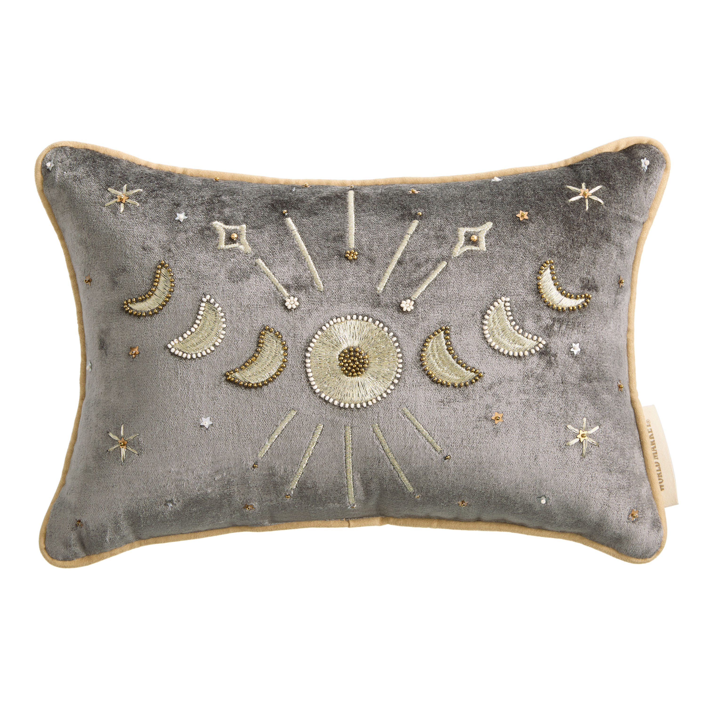 Small Silver Velvet Beaded Moon Phase Lumbar Pillow | World Market