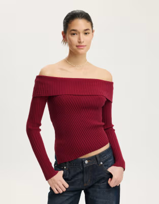 Cotton On Asym rib off shoulder knit in burgundy | ASOS | ASOS (Global)