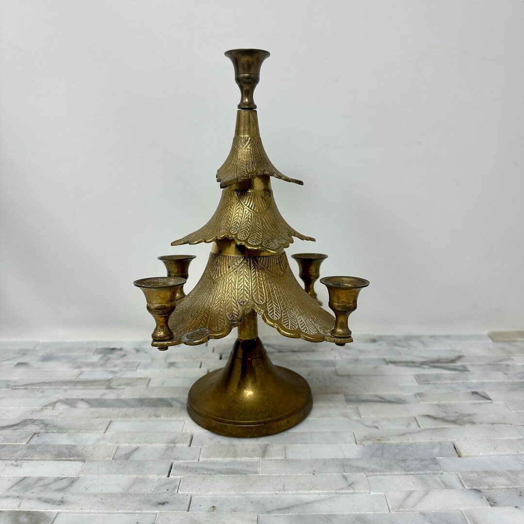 Brass Christmas Tree Candleholder 9 1/2", Vintage 5 Tapered Candlestick Holder Tabletop Centerpie... | Etsy (US)