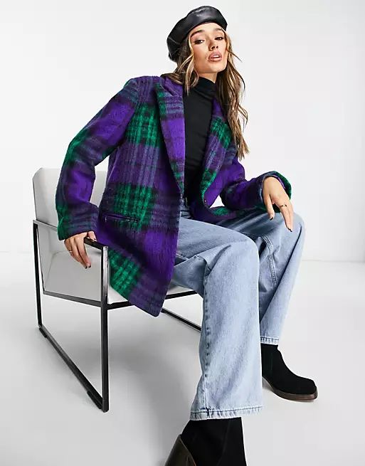 ASOS DESIGN smart grandad wool mix jacket in purple check | ASOS (Global)