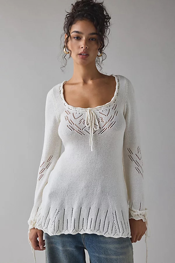 Kimchi Blue Catherine Pointelle Knit Babydoll Tunic Sweater | Urban Outfitters (US and RoW)
