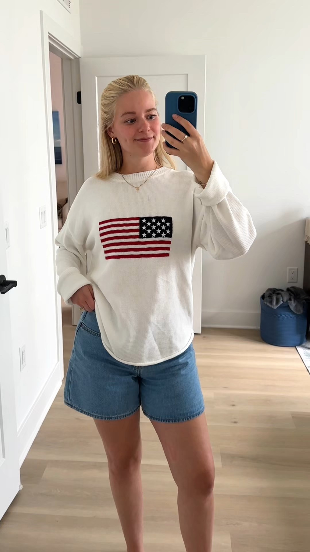 Similar American flag sweaters with my exact shorts! 🇺🇸✨ wearing my true to size 2 in the shorts - they stretch with wear

#LTKFindsUnder50 #LTKStyleTip #LTKSeasonal