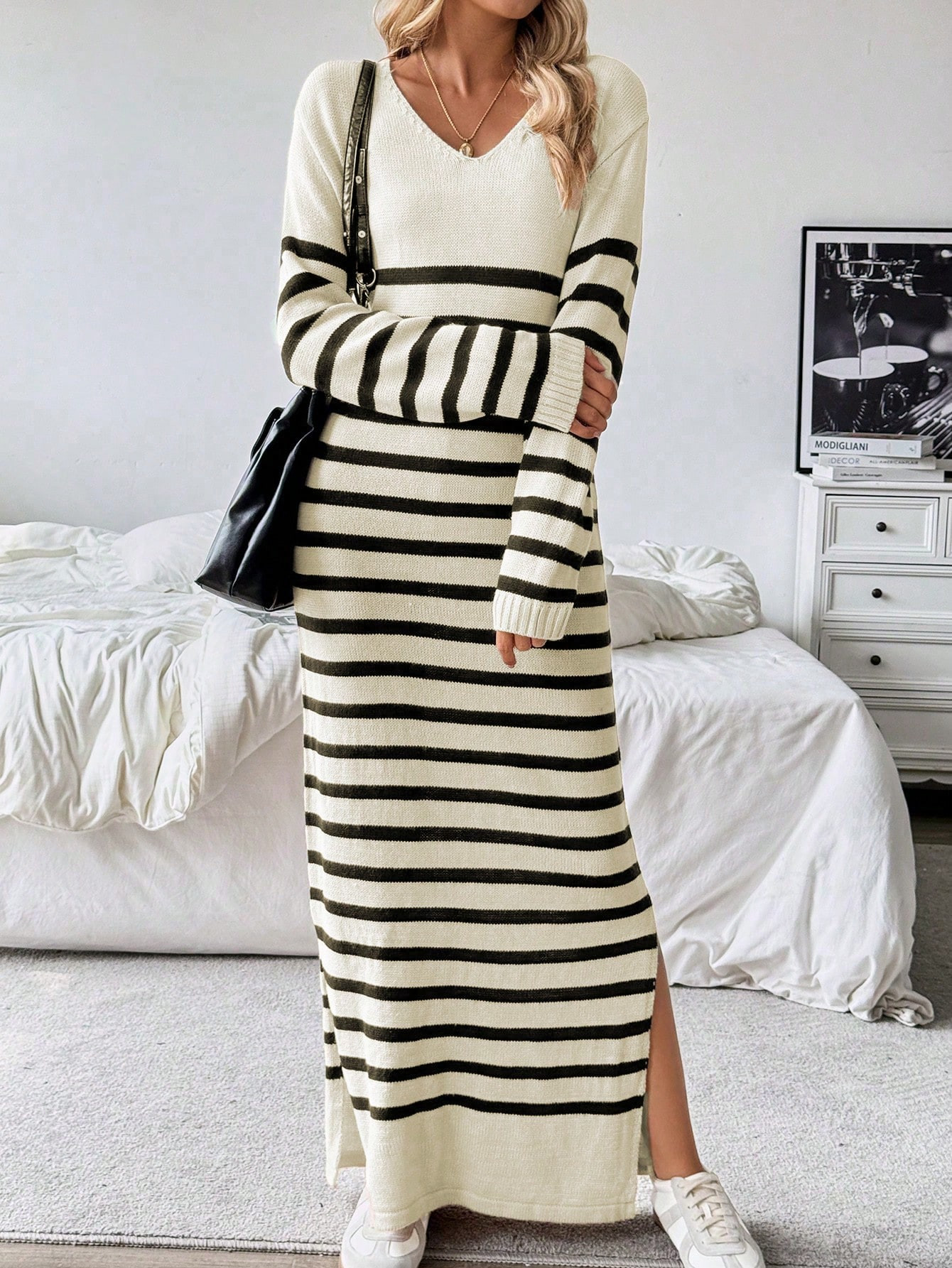 SHEIN Frenchy V-Neck Striped Patchwork Casual Long Knit Maxi Dress, Suitable For Work And Daily W... | SHEIN