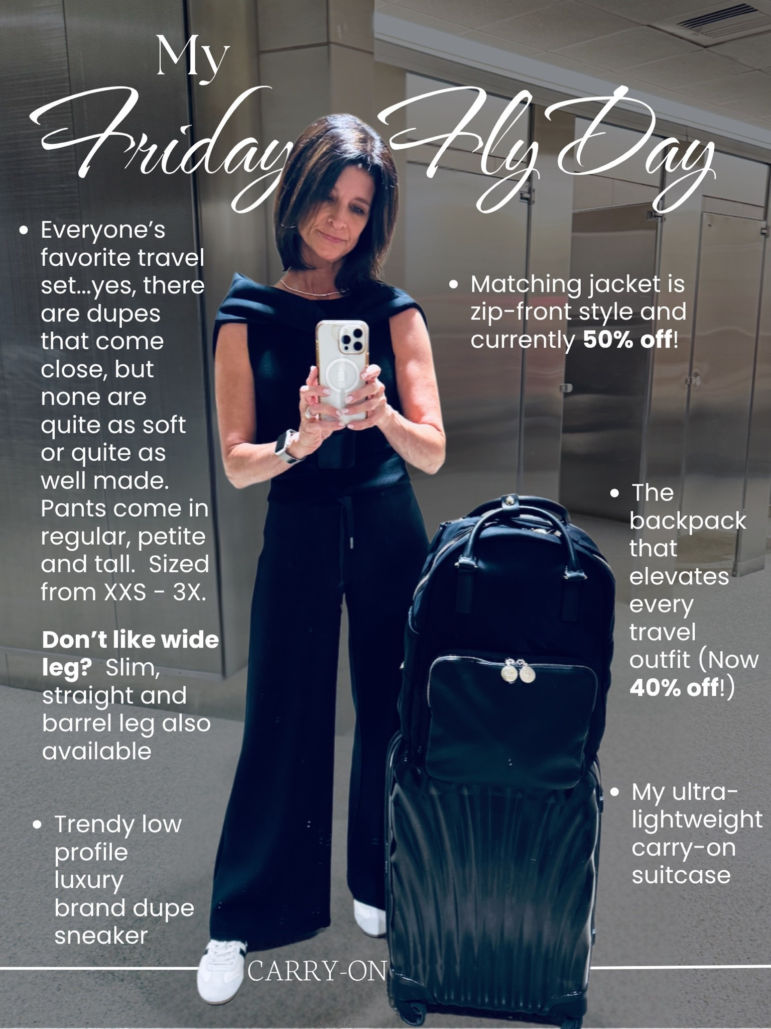 It’s Friday Fly-Day, my favorite day of the week, when we celebrate our love for travel and cute outfits!⁣⁣

Pants:
- Everyone’s favorite travel set...yes, there are dupes that come close, but none are quite as soft or quite as well made.  Pants come in regular, petite and tall.  Sized from XXS - 3X

*Don’t like wide leg?  Slim, straight and barrel leg also available

Jacket:
- Matching jacket is zip-front style and currently 50% off!

Base Top:
- Comfortable boat neck layering tank

Dress it up:
- The wide leg sweat pant looks great dressed up with a little heel or ballet flat and a blouse or cropped jacket.  The perfect pants for day to night transitions.

#LTKOver40 #LTKTravel