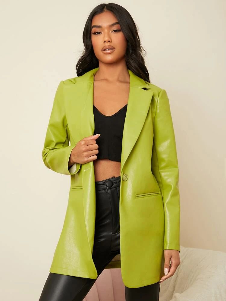 SHEIN Single Button PU Leather Blazer | SHEIN