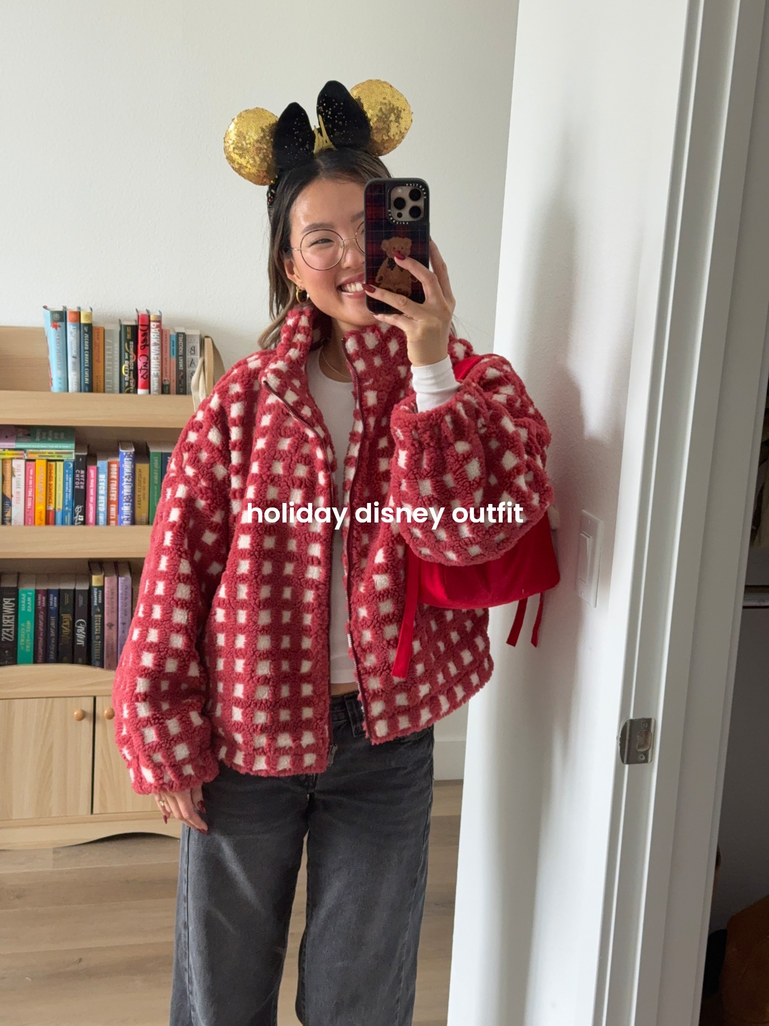 holiday disney outfit! 

jacket is sold out, but they have a cream and green pattern that’s sooo cute. wearing a small for reference and i’m 5’4! 

disney outfits, holiday outfits, christmas outfits, christmas jacket, christmas sweater, red sweater, low rise jeans, black low rise jeans, urban outfitters jeans, ugg outfits, uggs, platform uggs 

#LTKHoliday #LTKFindsUnder100 #LTKootd