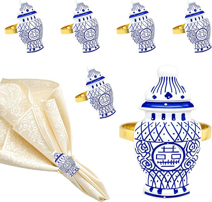Blue White Porcelain Napkin Rings Set of 6 Vintage Chinoiserie Napkin Ring for China Japanese Asi... | Amazon (US)