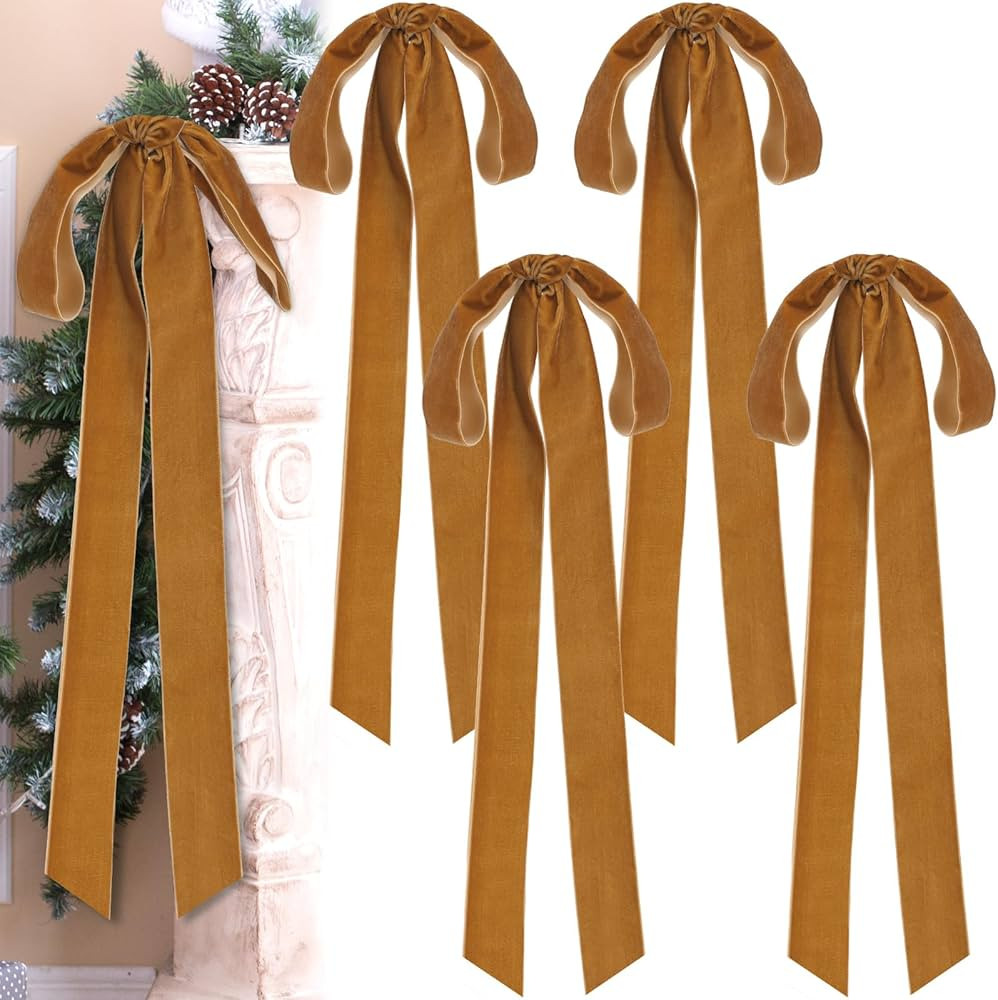 4 Pcs Velvet Christmas Bows 23.5 x 8.7 Inches Large Velvet Christmas Staircase Wreath Bows Rustic... | Amazon (US)