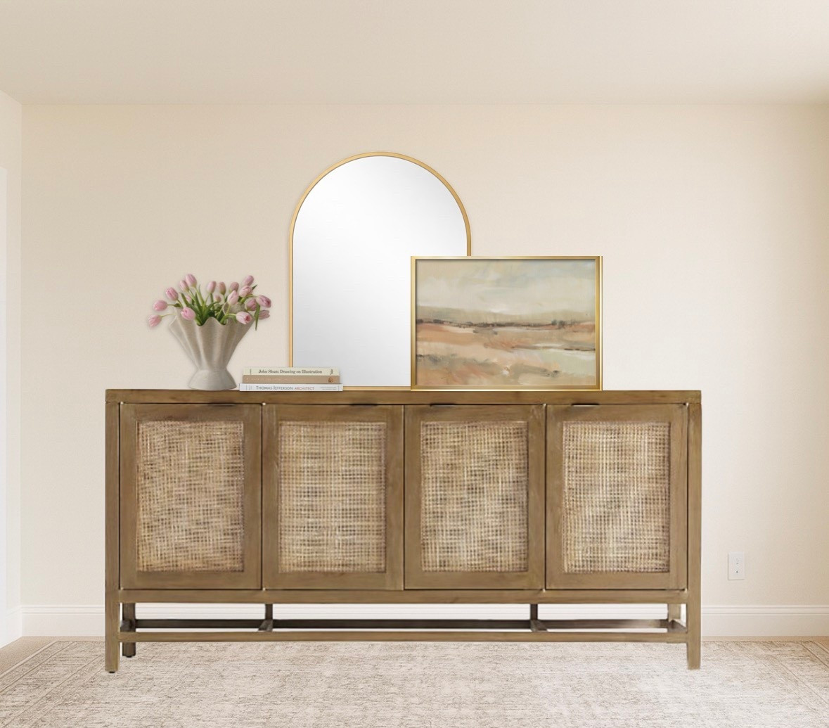 🤍 Modern Organic Office Storage + Styling 🤍

The opposite wall is all about function meets beauty. This woven-front credenza adds much-needed storage while keeping the space light and textured. I styled it with an arched brass mirror, soft neutral artwork, and a ceramic vase with blush tulips for a layered but effortless look.

This wall balances the room visually and keeps clutter hidden — perfect if you love a clean, minimal office that still feels warm and collected.

If you’re looking for office storage ideas, credenza styling inspiration, or neutral decor pieces, everything is linked here for easy shopping.