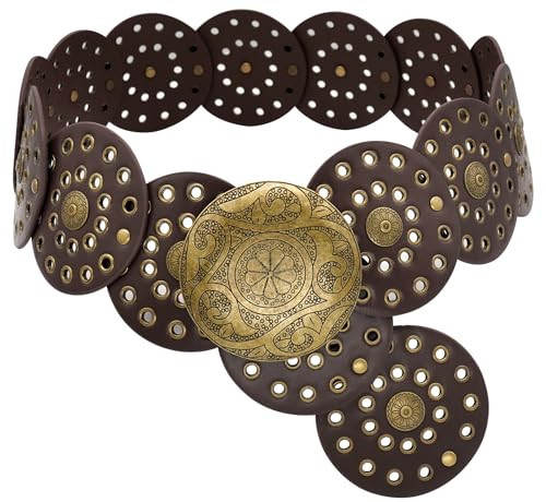 WULIQIUQIU Wide Disc Belt for Women Boho Concho Leather Belts Vintage Western Waist Belt 101CM Coffee | Amazon (US)