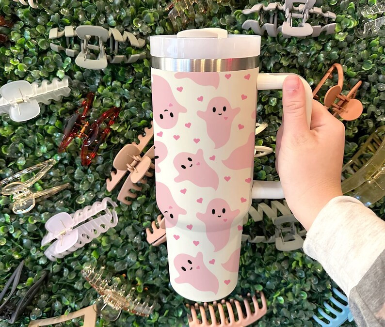 Pink Ghost Heart 40oz Tumbler With Handle and Straw Halloween - Etsy | Etsy (US)