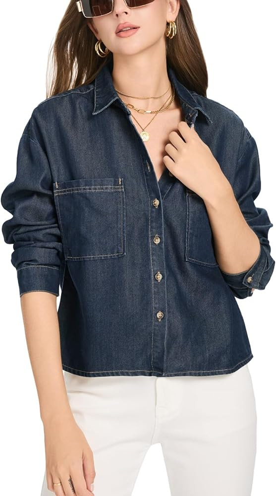 Women's Cropped Denim Shirt Long Sleeve Button Down Jean Blouse with Pockets, Comfort Fit Casual ... | Amazon (US)