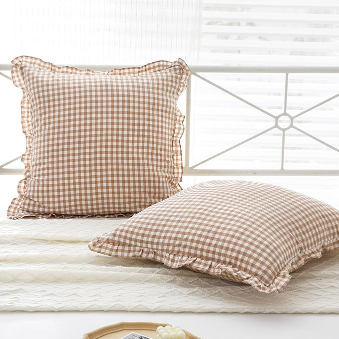 K MASANIJI 2 Pack Taupe Plaid Ruffle Euro Pillow Shams 26x26 inches, Washed Cotton Brown and Whit... | Amazon (US)