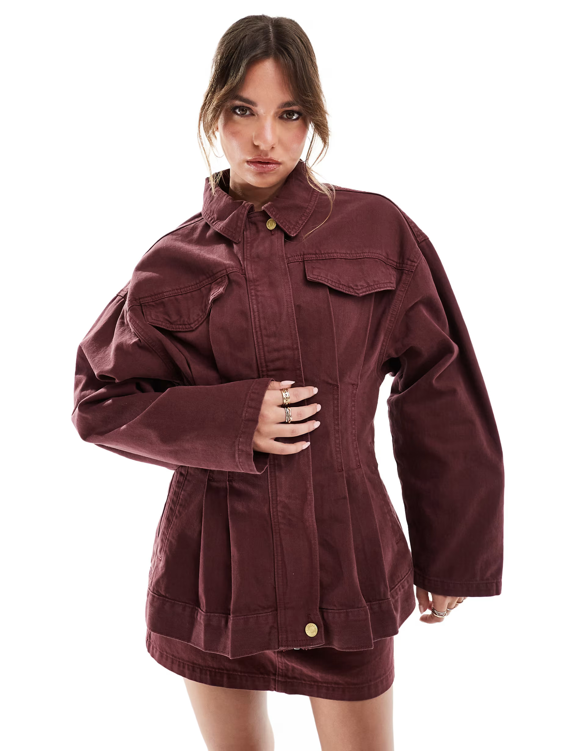 ASOS DESIGN denim premium jacket with cinched waist in burgundy co-ord | ASOS (Global)