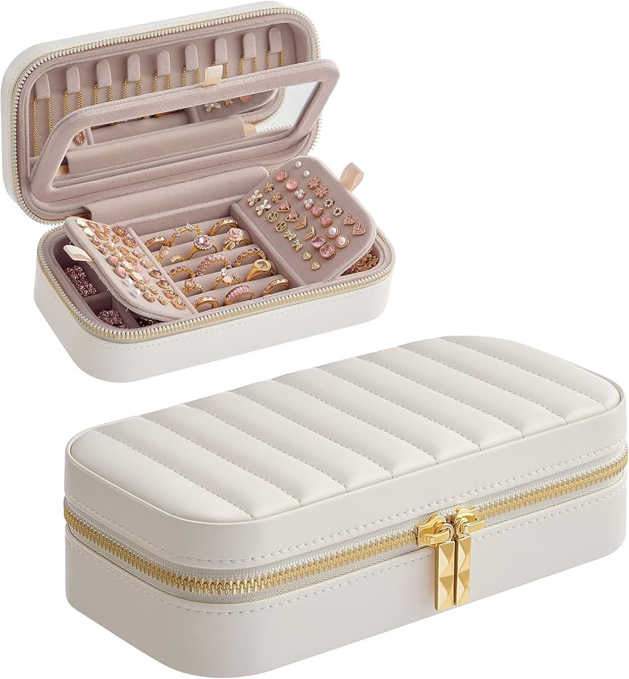 Amazon.com: SONGMICS HOME Travel Jewelry Case, Travel Jewelry Box Organizer with Mirror, 4.1 x 8 ... | Amazon (US)