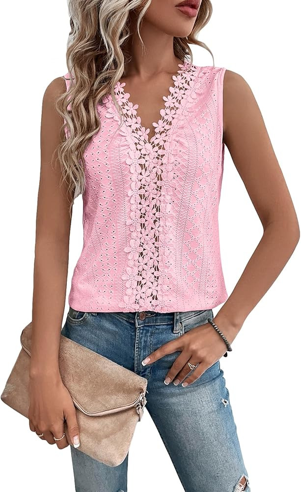 SweatyRocks Women's Floral Lace V Neck Tank Top Casual Hollow Out Sleeveless T Shirt | Amazon (US)