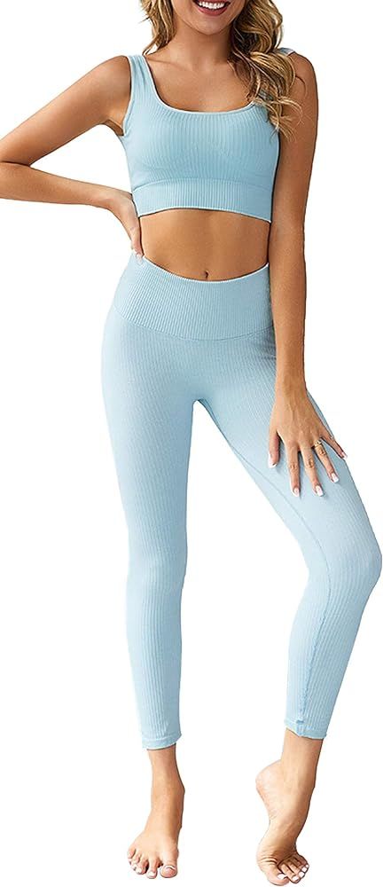 Women's 2 Piece Tracksuit Workout Outfits - Seamless High Waist Leggings and Stretch Sports Bra Y... | Amazon (US)