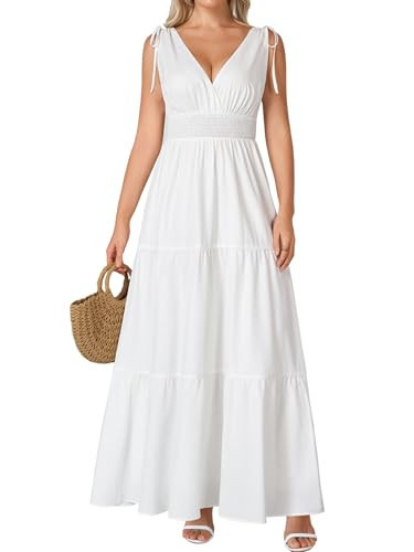 EYNMIN Maxi Summer Wedding Guest Dresses for Women Boho Casaul V Neck Tie Smocked Flowy Floral Lo... | Amazon (US)