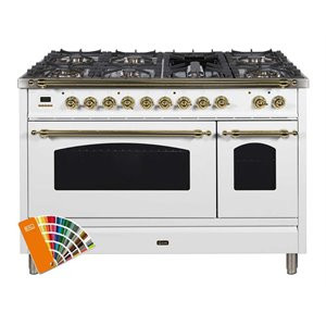 ILVE Nostalgie 48" LP Metal Double Oven Dual Fuel Range in Custom RAL/Brass | Cymax