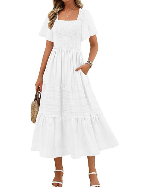 ZESICA Women's Summer Casual Maxi Dress 2026 Puff Short Sleeve V Neck Ruffle Tiered Flowy Boho Be... | Amazon (US)