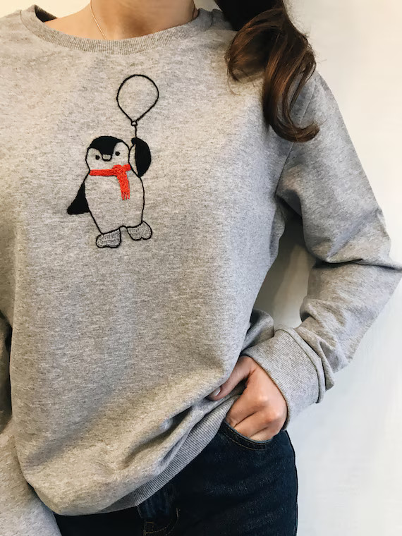 Cute Penguin Hand Embroidered crewneck sweatshirt, Winter penguin women's embroidery sweater, gif... | Etsy (US)