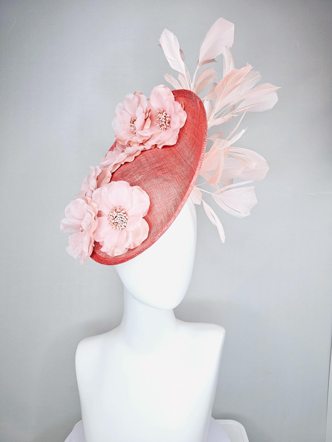 Kentucky Derby Hat Fascinator Coral Orange Sinamay Saucer With Light Baby Pink Organza Flowers an... | Etsy (US)