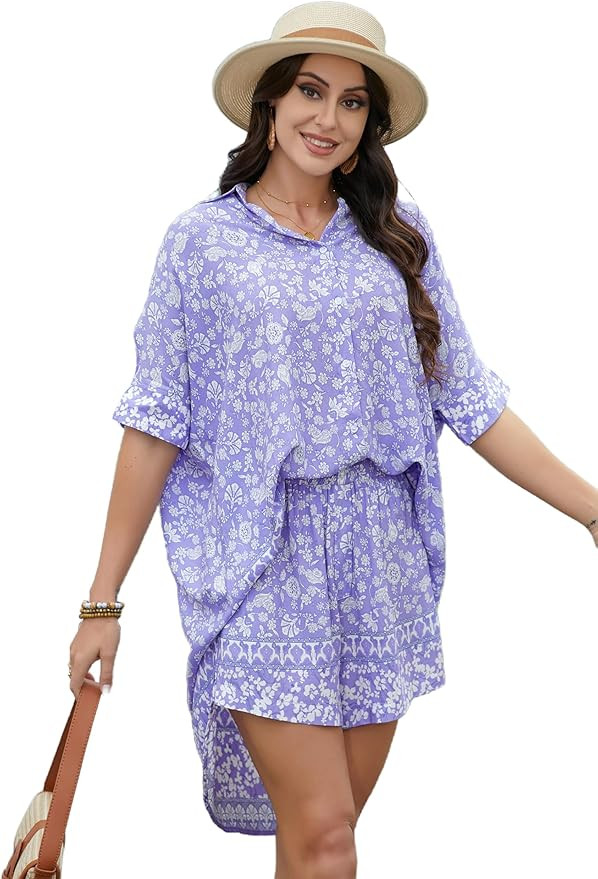 Women's Boho 2 Piece Outfit Floral Open Front Tropical Tunic Blouse and Shorts Set | Amazon (US)