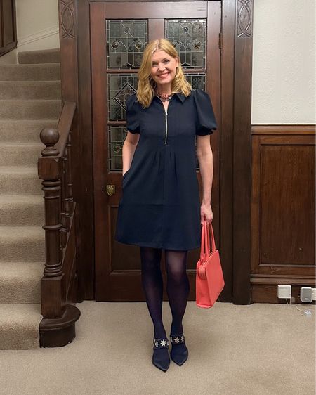 Navy swing dress. Transitional dress.  Versatile- wear with hero’s, boots, flats. Timeless, ageless dressing. Over 40 date night outfit  

#LTKSeasonal #LTKparties #LTKover40