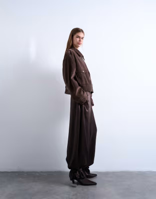 Topshop high waisted satin cuffed balloon pant in brown | ASOS (Global)